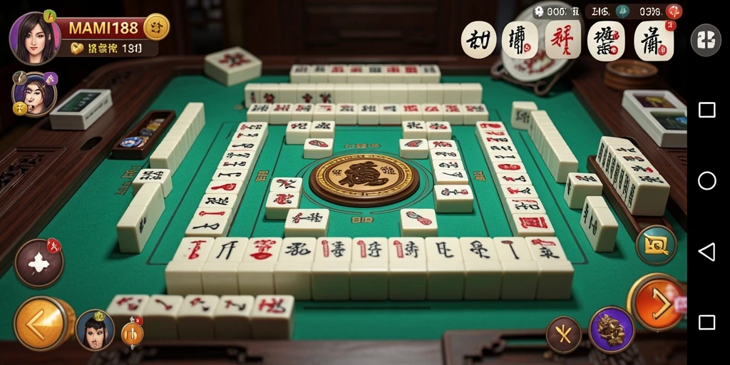 Screenshot gameplay MAMI188 menampilkan ubin Mahjong yang berwarna-warni dan interaksi pemain.
