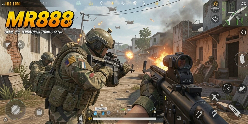 Tangkapan layar MR888 menunjukkan aksi pertempuran intens dalam game FPS.