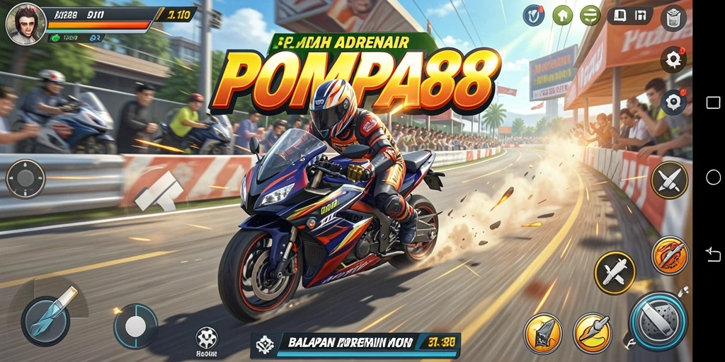 Tampilan gameplay POMPA88 dengan motor balap yang beraksi.